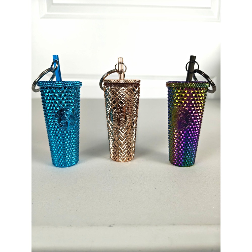 Starbucks Mini Cold Cup Keychain Lot 3 Blue Gold Iridescent Studded Tumbler